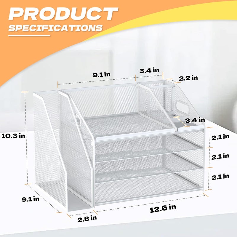 Docnest 4 Tier Paper Letter Tray File Organizer, Mesh Desk File with Handle, Workspace Desk Organizers with Pen Holder, Office Organization Storage Accessories - White - Image 2